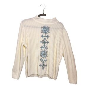 Alfred Dunner Ivory Embroidered Mock Neck Sweater Preppy Cottagecore Medium